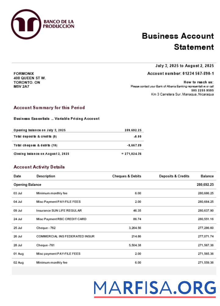 Realistic Banco de la Producción organization checking account statement Word and PDF template (1)